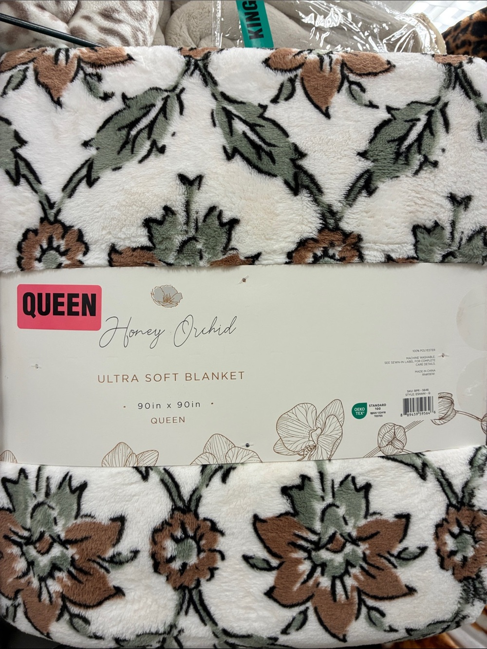 Ultra Soft Queen Blanket - Cream with Green & Brown Floral